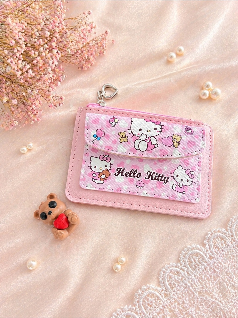 Hello Kitty Pink Cardholder with Heart Keyring Charm and fidget bear